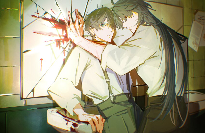 2boys absurdres blade_(honkai:_star_rail) blood blood_on_hands blood_splatter bloody_sink broken_glass broken_mirror dan_heng_(honkai:_star_rail) glass green_eyes highres honkai:_star_rail honkai_(series) long_hair looking_at_viewer mirror multiple_boys scar scar_on_arm sink un_mmun