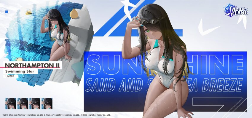 1girl artist_request azur_lane black_hair breasts dark-skinned_female dark_skin goggles goggles_on_head green_eyes highres large_breasts long_hair manjuu_(azur_lane) northampton_(azur_lane) northampton_ii_(azur_lane) northampton_ii_(swimming_star)_(azur_lane) official_alternate_costume official_art one-piece_swimsuit pool promotional_art swimsuit tagme thighs white_one-piece_swimsuit zipper