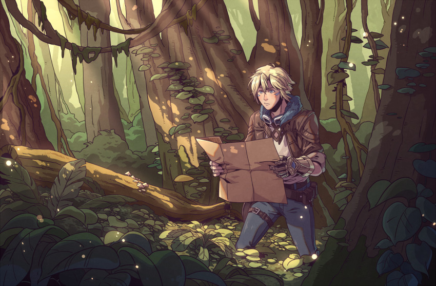 1boy belt belt_pouch blonde_hair blue_eyes blush denim ezreal facial_mark forest fur-trimmed_jacket fur_collar fur_trim gauntlets goggles goggles_around_neck holding holding_map jacket jeans league_of_legends log male_focus map mushroom nature outdoors pants plant pouch short_hair sleeves_rolled_up solo standing thigh_strap tree vines wenny02
