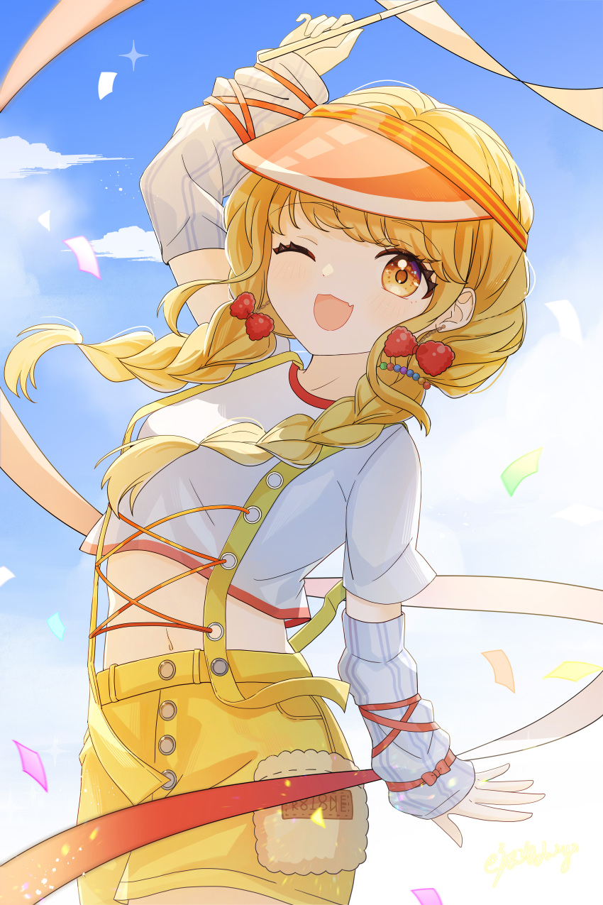 1girl ;d absurdres blonde_hair braid commentary_request confetti cropped_shirt fang fujita_kotone gakuen_idolmaster highres idolmaster long_hair looking_at_viewer navel one_eye_closed open_mouth outdoors shirt shorts skin_fang smile solo suspender_shorts suspenders twin_braids visor_cap white_arm_warmers white_shirt ximilulu yellow_big_bang!_(idolmaster) yellow_eyes yellow_shorts