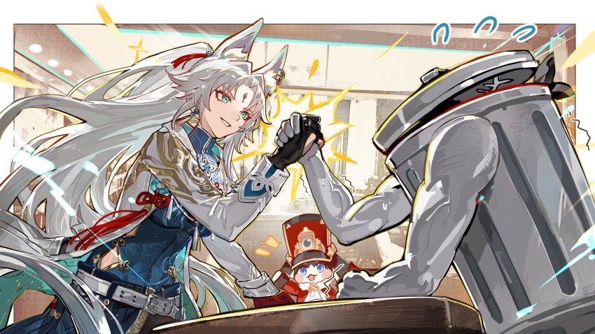 1girl absurdres animal_ear_piercing animal_ears arm_wrestling artist_request belt blue_eyes collared_coat eyeliner feixiao_(honkai:_star_rail) forehead_jewel fox_ears high_ponytail highres honkai:_star_rail honkai_(series) jacket long_hair lordly_trashcan_(honkai:_star_rail) makeup pom-pom_(honkai:_star_rail) ponytail red_eyeliner smile white_belt white_hair white_jacket