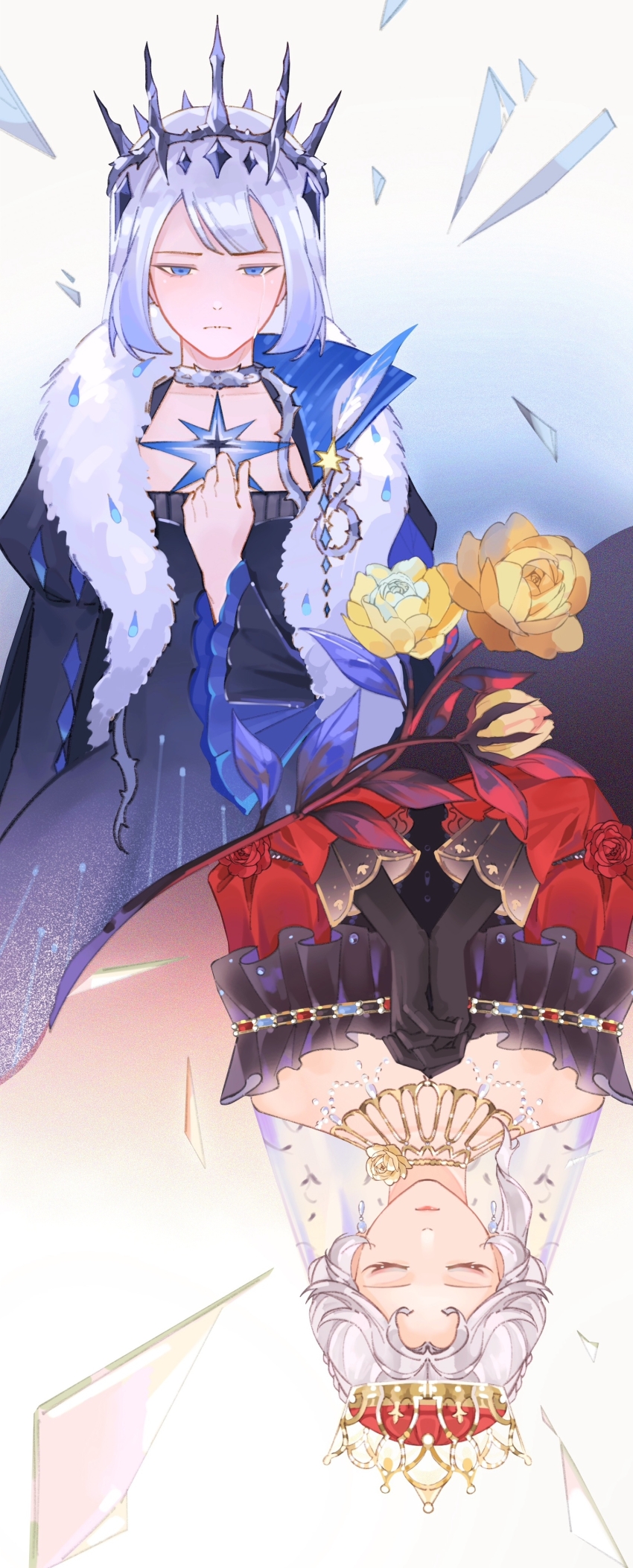 2girls absurdres artist_request blue_eyes closed_eyes commission crossover crown fate/grand_order fate_(series) hair_between_eyes highres identity_v long_hair mary_(identity_v) morgan_le_fay_(fate) multiple_girls second-party_source tiara white_hair