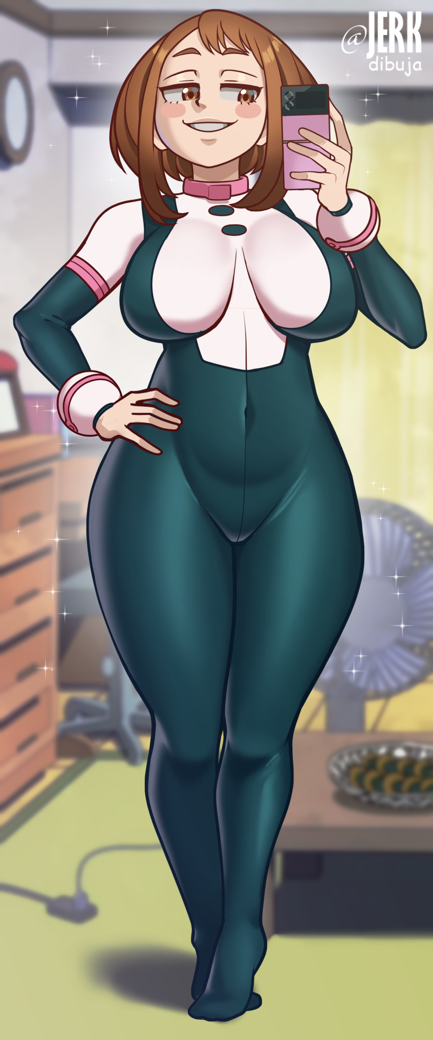 1girl absurdres apervertguy blush bodysuit boku_no_hero_academia breasts brown_eyes brown_hair cellphone full_body hand_on_own_hip highres holding holding_phone jerkdibuja large_breasts phone short_hair skin_tight smile solo spandex standing superhero_costume thick_thighs thighs uraraka_ochako