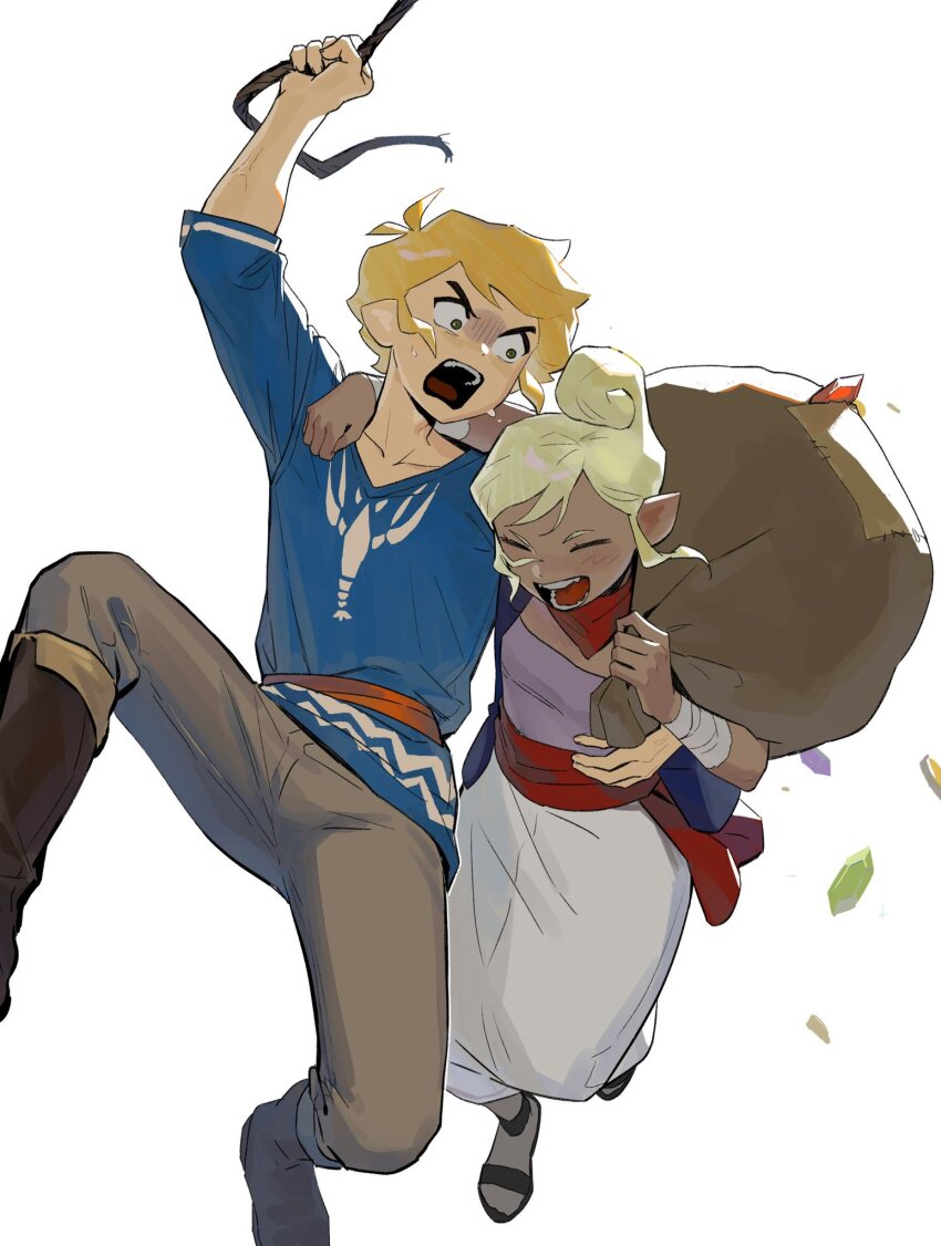 1boy 1girl angry blonde_hair blue_shirt highres laughing link lobster money_bag nintendo rupee_(zelda) scarf senzo6700 shirt tan tetra the_legend_of_zelda the_legend_of_zelda:_the_wind_waker toon_link