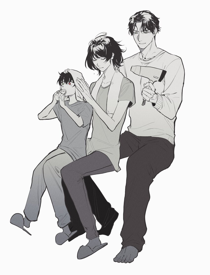 1girl 2boys absurdres adam&#039;s_apple aged_down ahoge amayado_rei barefoot collarbone curtained_hair drinking drying drying_another&#039;s_hair drying_hair family film_grain full_body green_eyes greyscale hair_dryer heterochromia highres holding holding_hair_dryer hypnosis_mic long_sleeves mole mole_under_eye mole_under_mouth monochrome mpd13_0 multiple_boys multiple_moles parted_bangs red_eyes shirt short_hair slippers spot_color sweater swept_bangs t-shirt towel towel_around_neck wavy_hair white_background wispy_bangs yamada_ichiro yamada_nayuta