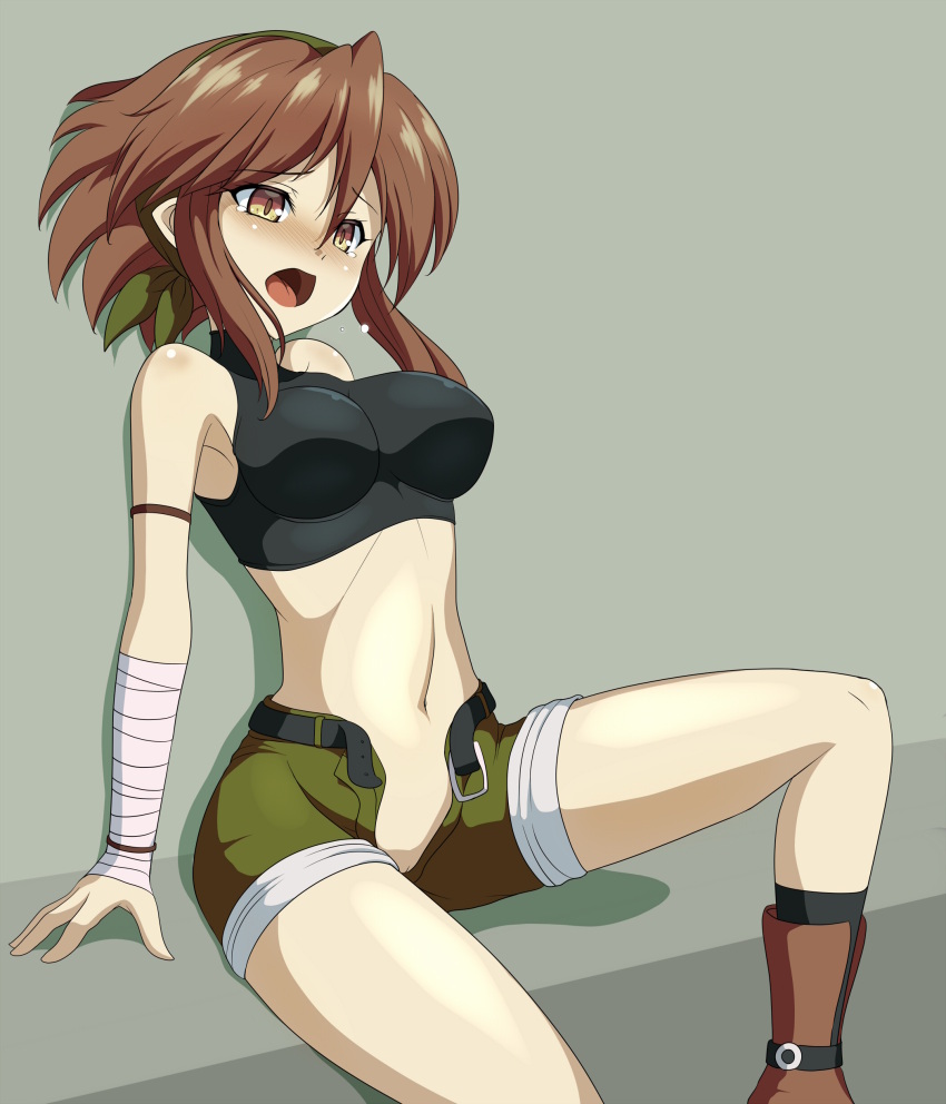 1girl absurdres bandaged_wrist bandages bandit_(tales_of_destiny_2) belt black_belt black_socks black_sports_bra blush boots breasts brown_boots brown_eyes brown_hair clam_curry feet_out_of_frame green_hairband green_shorts grey_background hairband highres medium_breasts midriff navel no_panties open_fly open_mouth paid_reward_available pussy short_hair short_shorts shorts sitting socks solo sports_bra tales_of_(series) tales_of_destiny tales_of_destiny_2 tearing_up uncensored