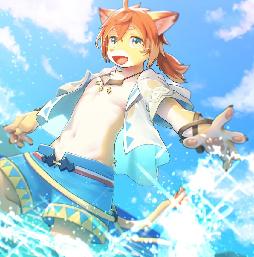 1boy animal_ears blue_eyes blue_shorts blue_sky claws cloud commentary fang furry furry_male highres hood hood_down hooded_jacket jacket jewelry lion_boy lion_ears lion_tail looking_at_viewer male_focus navel necklace ocean open_clothes open_jacket open_mouth pawpads ponytail raijin_(shinobidx) shorts skin_fang sky symbol-only_commentary tail theo_(world_flipper) waves whiskers white_jacket world_flipper