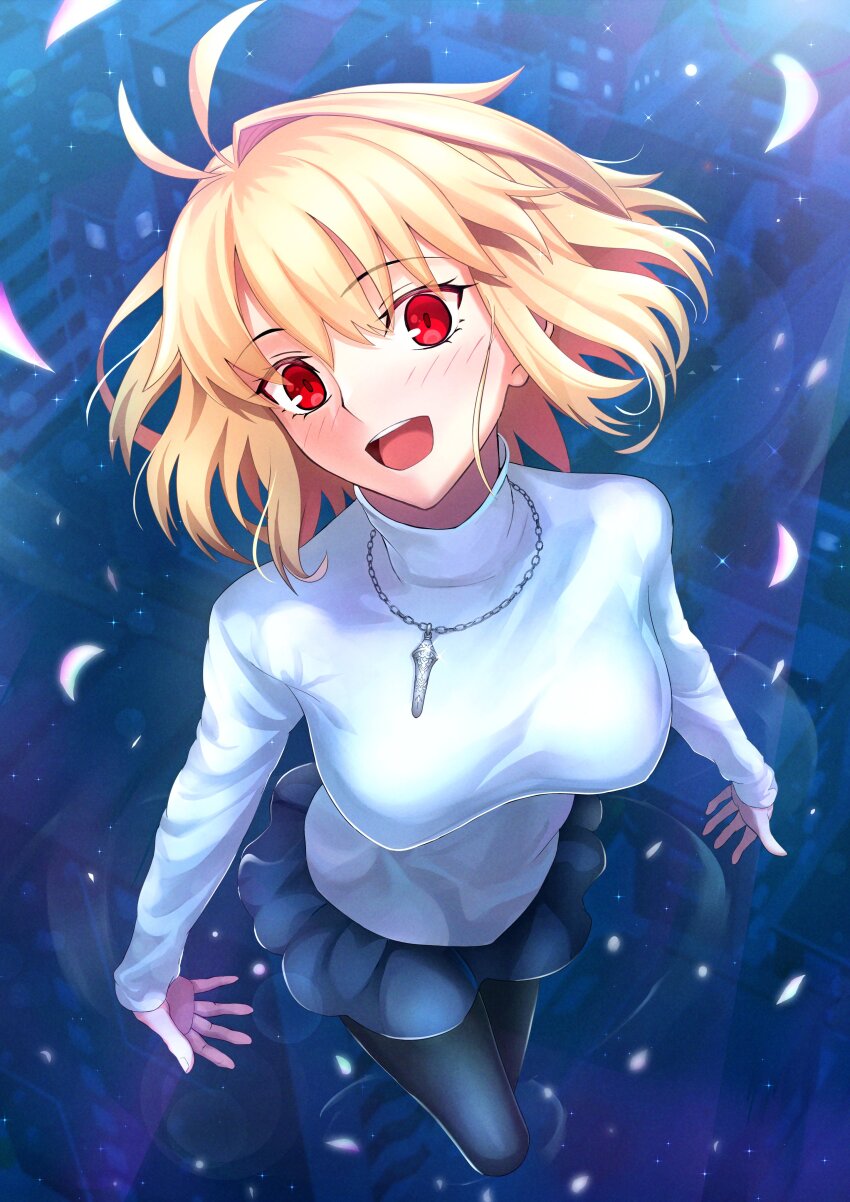 absurdres ahoge arcueid_brunestud black_pantyhose blue_skirt blush breasts city harukey highres long_sleeves looking_at_viewer medium_breasts open_mouth pantyhose petals red_eyes short_hair skirt smile sweater teeth tsukihime tsukihime_(remake) uvula
