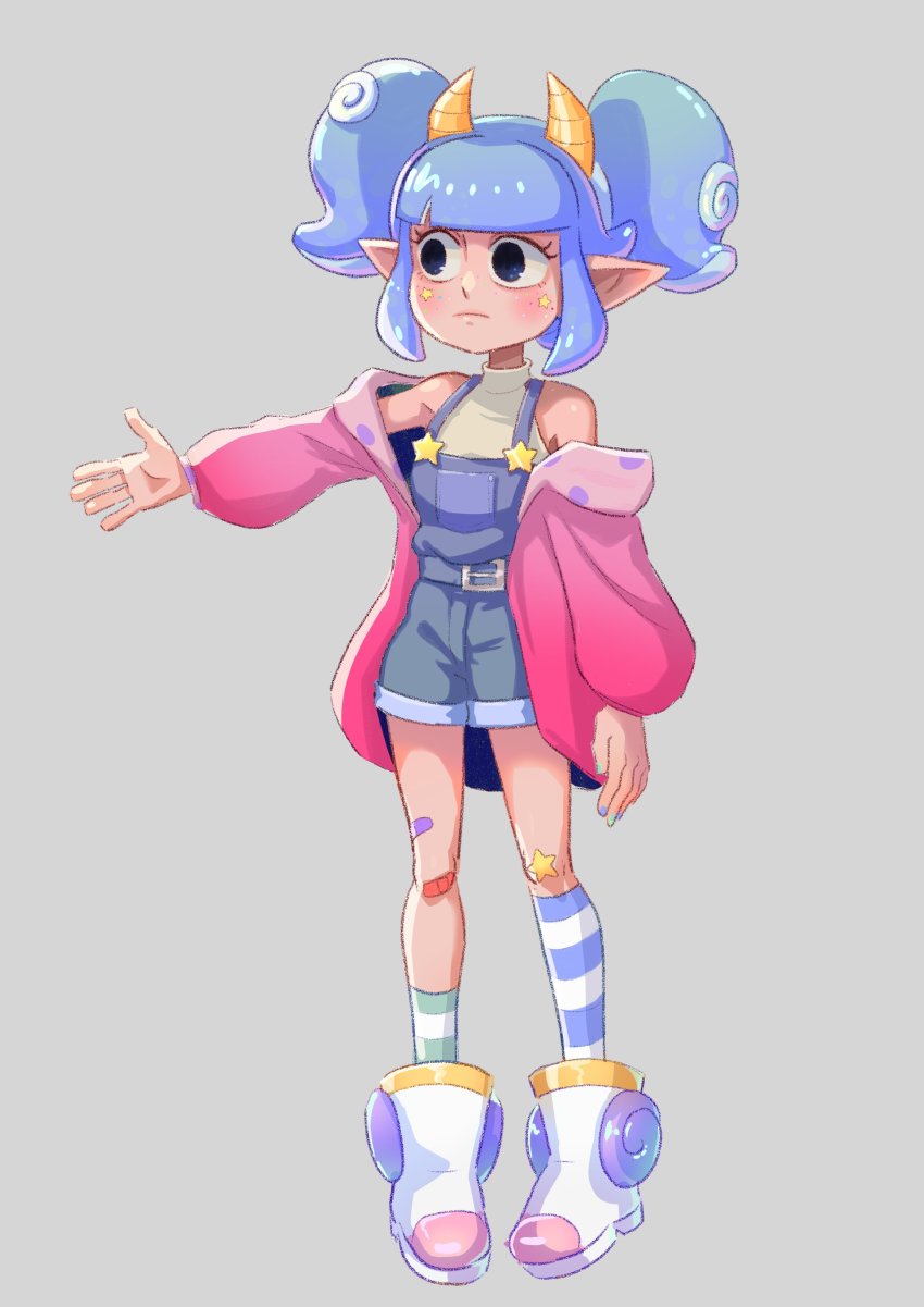 1girl absurdres asymmetrical_legwear bandaid bandaid_on_leg belt black_eyes blue_belt blue_eyes blue_hair blue_overalls blue_shorts blue_socks blunt_bangs commentary concept_art english_commentary freckles frown full_body giwi gradient_eyes green_socks grey_background hackerling high_collar highres horns indie_virtual_youtuber jacket light_blush looking_to_the_side marking_on_cheek monster_girl multicolored_eyes multicolored_legwear multicolored_nails nail_polish official_art open_clothes open_hand open_jacket outstretched_arm overalls pale_skin pink_jacket pointy_ears rubberninja shirt shoes short_twintails shorts sidelocks simple_background sketch sleeveless sleeveless_shirt socks solo star_(symbol) striped_clothes striped_socks suction_cups tentacle_hair twintails virtual_youtuber white_shirt white_shoes white_socks yellow_horns