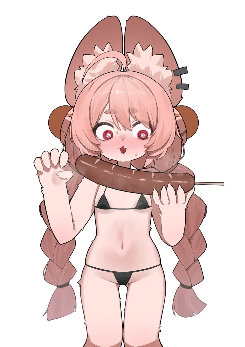 1girl @_@ ahoge animal_ear_fluff animal_ears bikini black_bikini blush braid breasts ear_piercing flasso food furry furry_female highres holding holding_food long_hair micro_bikini navel open_mouth phallic_symbol piercing pink_fur pink_hair rabbit_ears rabbit_girl red_eyes sausage sexually_suggestive short_eyebrows small_breasts solo sweat swimsuit thick_eyebrows thigh_gap twin_braids very_long_hair white_background wide-eyed zenless_zone_zero zhao_(zenless_zone_zero)