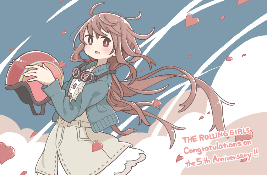 1girl absurdres anniversary blue_jacket brown_eyes brown_hair copyright_name dress east_sha2 english_text goggles goggles_around_neck grey_dress heart helmet highres holding holding_helmet jacket long_hair long_sleeves looking_at_viewer moritomo_nozomi open_clothes open_jacket open_mouth solo the_rolling_girls unworn_headwear unworn_helmet
