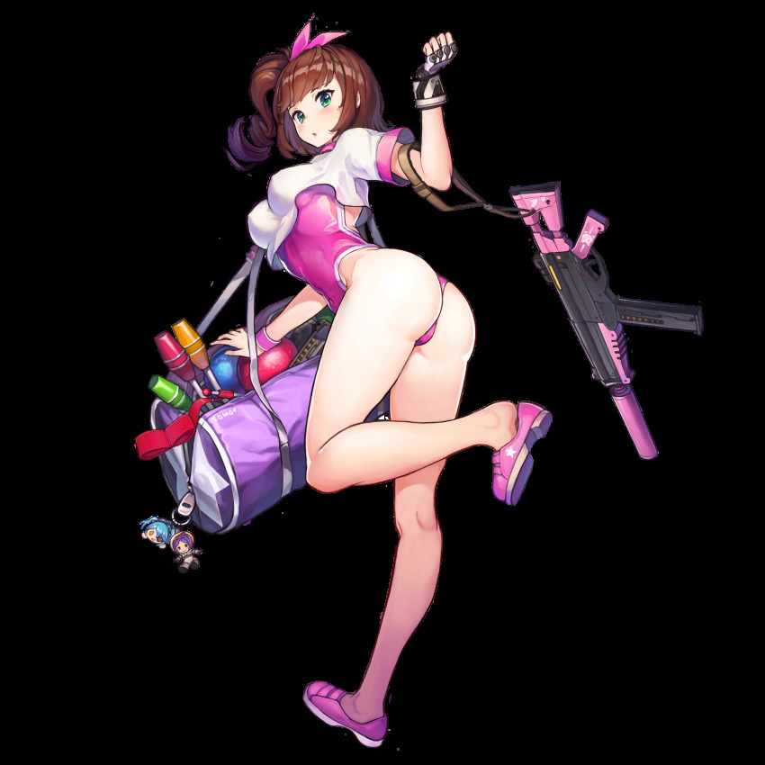 1girl aqua_eyes arched_back ass athletic_leotard bag bag_charm ball black_gloves blouse blush breasts brown_hair character_name charm_(object) clenched_hand coco_mercury covered_erect_nipples crop_top crop_top_overhang drill_hair duffel_bag female_focus fingerless_gloves full_body game_cg gloves green_eyes gun gym_shirt gym_uniform gymnastics hair_ribbon hand_up highleg highleg_leotard highres juggling_club kneepits last_origin leg_up legs leotard leotard_under_clothes long_hair looking_at_viewer looking_back lrl_(last_origin) magazine_(weapon) medium_breasts medium_hair multicolored_gloves official_art one_side_up open_bag paintale parted_lips pink_leotard pink_ribbon pink_shoes red_ribbon rhythmic_gymnastics ribbon ribbon_baton rifle shirt shoe_dangle shoes short_sleeves single_glove solo standing standing_on_one_leg star_(symbol) star_print strap suppressor tachi-e thighs tomo_(last_origin) tomoe_(last_origin) transparent_background unzipped weapon white_gloves white_shirt window_magazine wristband zipper zipper_pull_tab