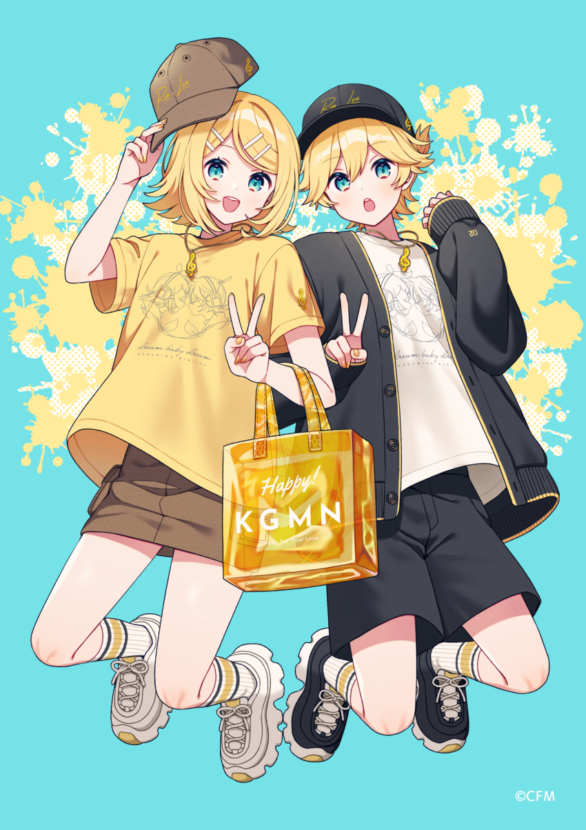 1boy 1girl :d amagi_hana arm_up black_hat black_jacket black_shoes black_shorts blonde_hair blue_background blue_eyes brown_hat brown_skirt commentary_request copyright_notice full_body hair_ornament hairclip hat highres holding holding_unworn_clothes holding_unworn_hat jacket kagamine_len kagamine_rin long_sleeves looking_at_viewer musical_note_necklace nail_polish official_art open_clothes open_jacket open_mouth parallel_hairclips print_shirt ribbed_socks shirt shoes short_hair short_sleeves shorts skirt sleeves_past_fingers sleeves_past_wrists smile sneakers socks two-tone_background unworn_hat unworn_headwear v vocaloid white_shirt white_shoes white_socks yellow_background yellow_nails yellow_shirt