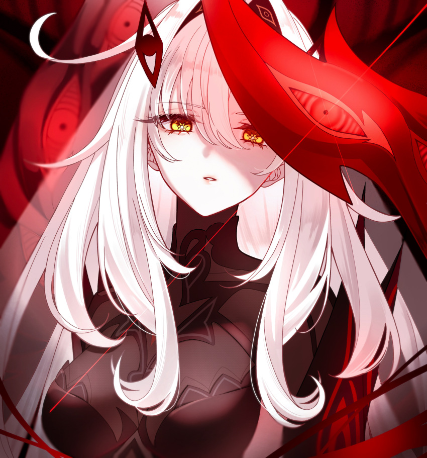 1girl absurdres bodystocking breasts closed_mouth cowlick extra_eyes eye_hair_ornament eye_symbol eyes_on_wings genshin_impact hair_between_eyes hair_intakes hair_ornament highres if0208 long_hair looking_at_viewer medium_breasts open_mouth parted_lips red_wings ronova_(genshin_impact) side_ahoge solo symbol-shaped_pupils upper_body white_hair wings yellow_eyes