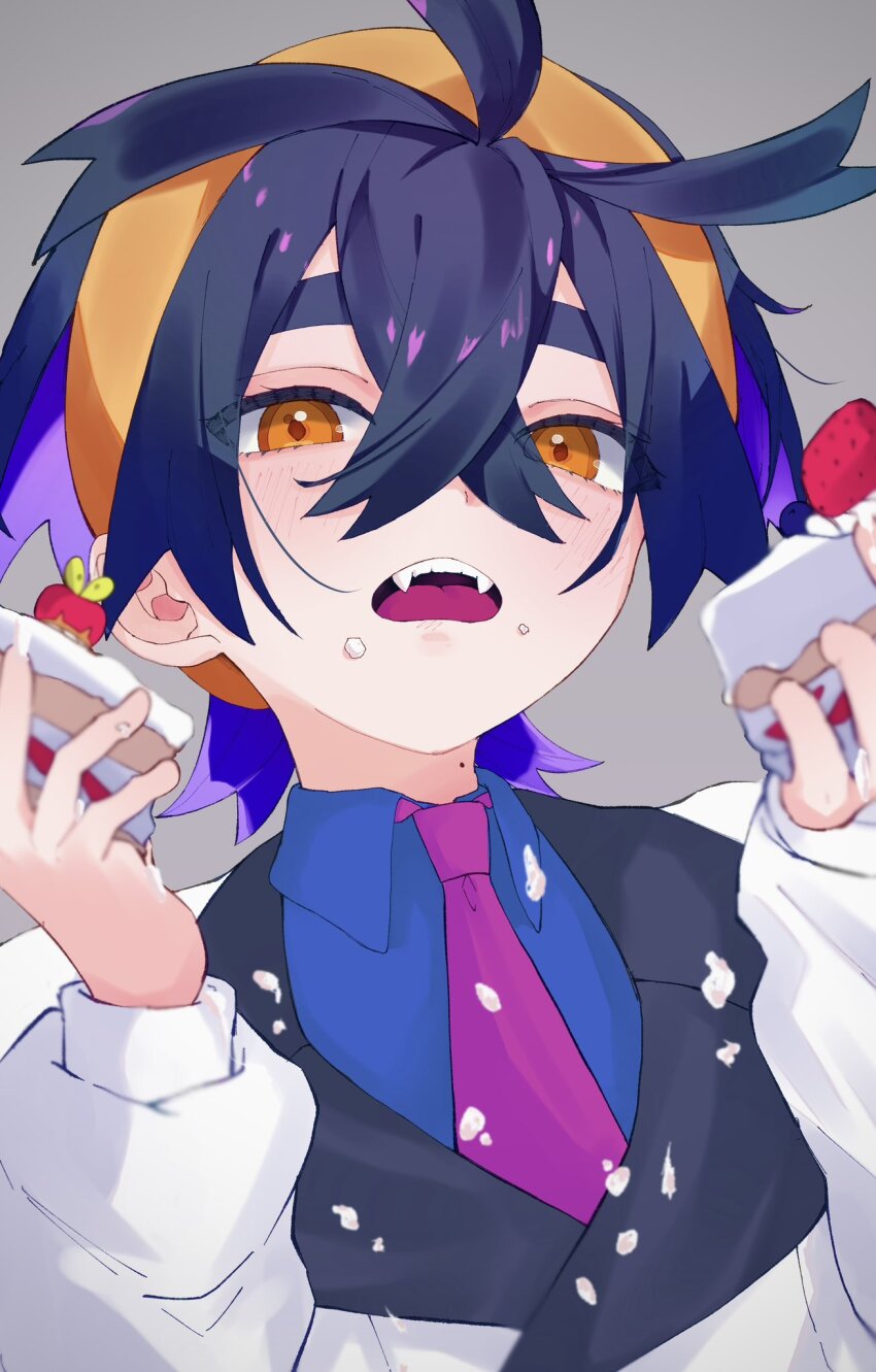 1boy applin black_hair blue_shirt cake cake_slice collared_shirt commentary crossed_bangs food food_on_clothes fruit gen_8_pokemon grey_background hair_between_eyes hairband hands_up highres holding holding_food jacket kieran_(pokemon) long_sleeves looking_at_viewer looking_down male_focus na8_8n necktie nintendo open_mouth orange_eyes pokemon pokemon_sv purple_necktie shirt short_hair strawberry symbol-only_commentary teeth tongue upper_teeth_only white_jacket yellow_hairband