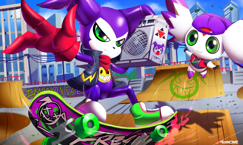 3d absurdres bandana baseball_cap boombox cityscape commission culumon digimon furry gloves graffiti green_eyes green_shoes hat highres ichimoral impmon jacket leather leather_jacket purple_hat red_bandana red_gloves shoes skate_park skateboard skateboarding watermark