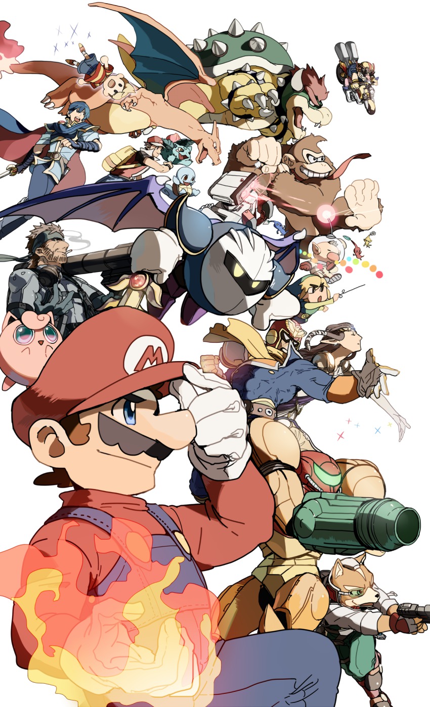 2girls 6+boys armor backpack bag bicycle blonde_hair blue_eyes blue_hair bowser brown_hair cape captain_falcon charizard donkey_kong donkey_kong_(series) f-zero facial_hair family_computer_robot fire fire_emblem fire_emblem:_mystery_of_the_emblem flame-tipped_tail fox_mccloud gabu_kichi galaxia_(sword) gen_1_pokemon gloves gun hat headband helmet highres ivysaur jigglypuff kirby_(series) link lucas_(mother_3) mario mario_(series) marth_(fire_emblem) mask meta_knight metal_gear_(series) metal_gear_solid metroid mother_(series) mother_3 multiple_boys multiple_girls mustache nikita nintendo olimar pikmin_(series) pokemon pokemon_(creature) power_suit_(metroid) princess_zelda red_(pokemon) rocket_launcher samus_aran scarf smile solid_snake squirtle star_fox super_mario_bros._1 super_smash_bros. sword tail the_legend_of_zelda the_legend_of_zelda:_the_wind_waker the_legend_of_zelda:_twilight_princess toon_link varia_suit wario weapon wings yellow_eyes
