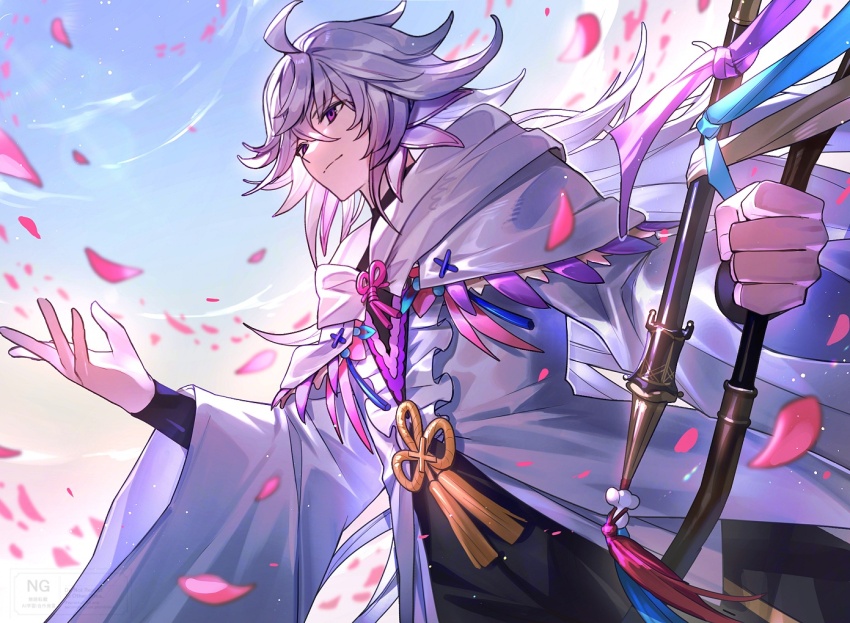 1boy ahoge blue_sky falling_petals fate/grand_order fate_(series) hair_between_eyes holding holding_weapon light_particles long_hair merlin_(fate) outstretched_arm petals pink_eyes pink_petals robe sky smile solo tsugutoku weapon white_hair white_robe wide_sleeves