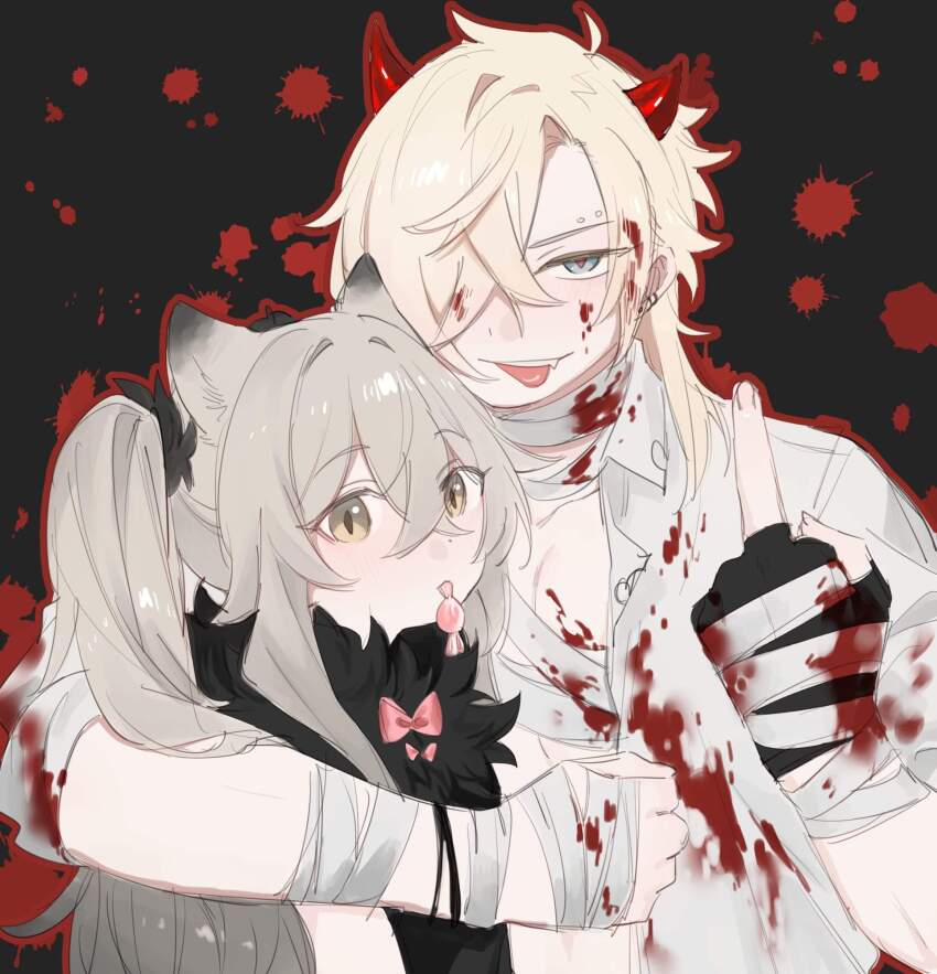1boy 1girl animal_ears bandaged_arm bandages black_gloves black_shirt blonde_hair blood blood_on_clothes blood_on_face blue_eyes brown_eyes degrees_of_lewdity demon_horns eyebrow_piercing fingerless_gloves gloves grey_hair hair_over_one_eye halloween_costume highres horns kai_(drakkai10) long_hair looking_at_viewer middle_finger original piercing red_horns shirt shoya_(kai_(drakkai10)) sleeveless sleeveless_shirt tongue tongue_out twintails upper_body white_shirt whitney_(degrees_of_lewdity) whitney_(male)_(degrees_of_lewdity)