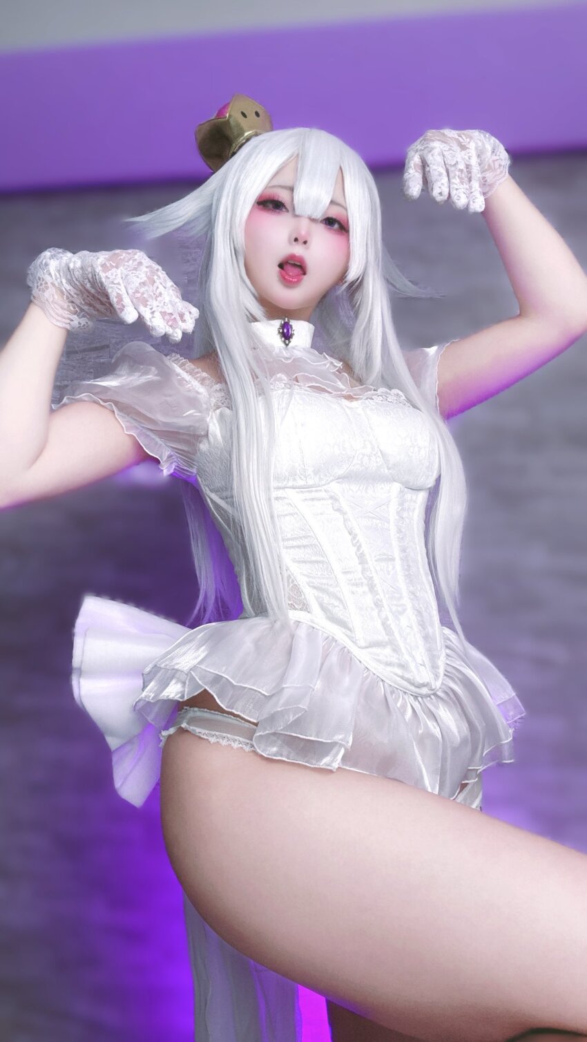 1girl ahegao blush breasts choker cosplay crown dress eyeshadow gloves highres japanese_(nationality) king_boo lipstick long_hair luigi&#039;s_mansion makeup mario_(series) nagomitei_chu3 nintendo panties photo_(medium) princess_crown princess_king_boo purple_brooch real_life short_dress tongue tongue_out underwear white_dress white_hair white_panties
