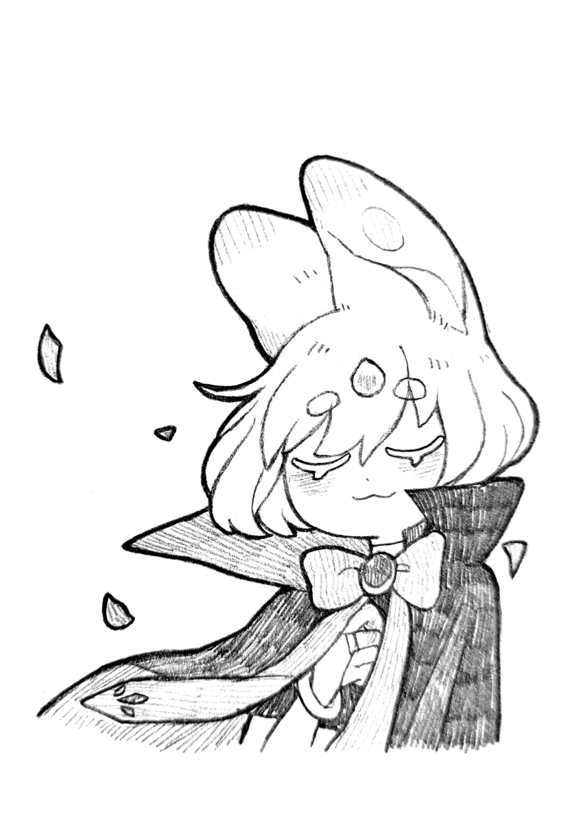 1girl :3 absurdres animal_ears blush bow bowtie bridal_gauntlets cantaurus clenched_hand cloak closed_eyes commentary cropped_torso dot_nose forehead_jewel gem greyscale hand_on_own_chest hatching_(texture) highres magia_record:_mahou_shoujo_madoka_magica_gaiden mahou_shoujo_madoka_magica medium_request monochrome sawa_sudachi short_hair simple_background solo symbol-only_commentary thick_eyebrows white_background