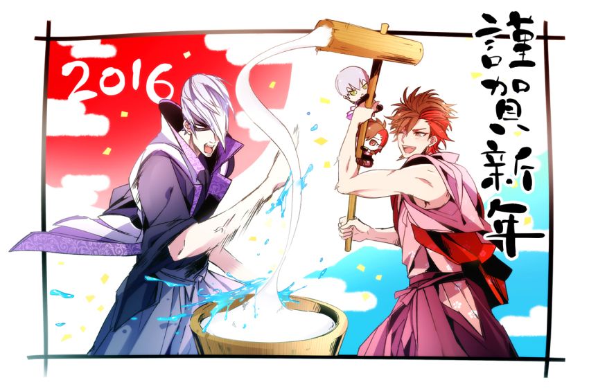 2016 2boys :d black_kimono blank_eyes brown_eyes brown_hair character_doll cowboy_shot food grey_hair grey_hakama hakama hakama_pants hammer holding holding_hammer ishida_mitsunari_(sengoku_basara) japanese_clothes jinbaori kimono kine kkkaaaayyy male_focus mallet mochi mochi_trail mochitsuki mortar_(bowl) motion_blur multicolored_hair multiple_boys new_year one_eye_closed open_mouth pants pink_kimono red_hair red_hakama sengoku_basara shima_sakon_(sengoku_basara) short_hair shouting smile toned toned_male two-tone_hair