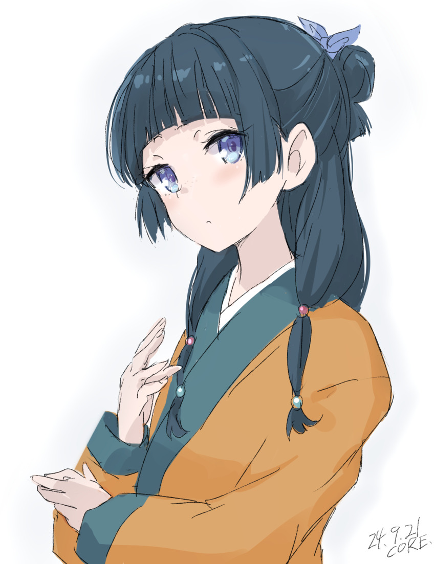 1girl 2024 aqua_hair beads blue_eyes chinese_clothes core_(mayomayo) dated english_text frown green_hair hair_beads hair_ornament hanfu highres kusuriya_no_hitorigoto long_hair maomao_(kusuriya_no_hitorigoto) multicolored_shirt orange_hanfu orange_shirt shirt sidelocks signature sketch solo white_background