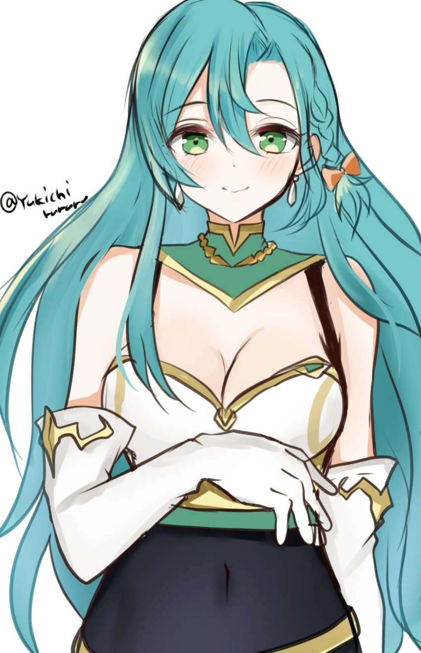 1girl absurdres aqua_hair bow braid breasts chloe_(fire_emblem) cleavage earrings fire_emblem fire_emblem_engage gloves green_eyes highres jewelry large_breasts long_hair looking_at_viewer nintendo orange_bow side_braid smile solo teardrop_earrings white_gloves yukichi_(yukichi_rururu)