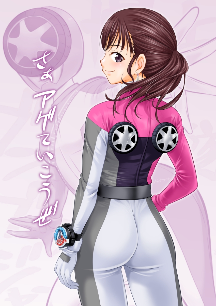 1girl abe_tsukumo ass bakuage_sentai_boonboomger bodysuit brown_hair looking_back pink_eyes ponytail shifuto_mira solo super_sentai