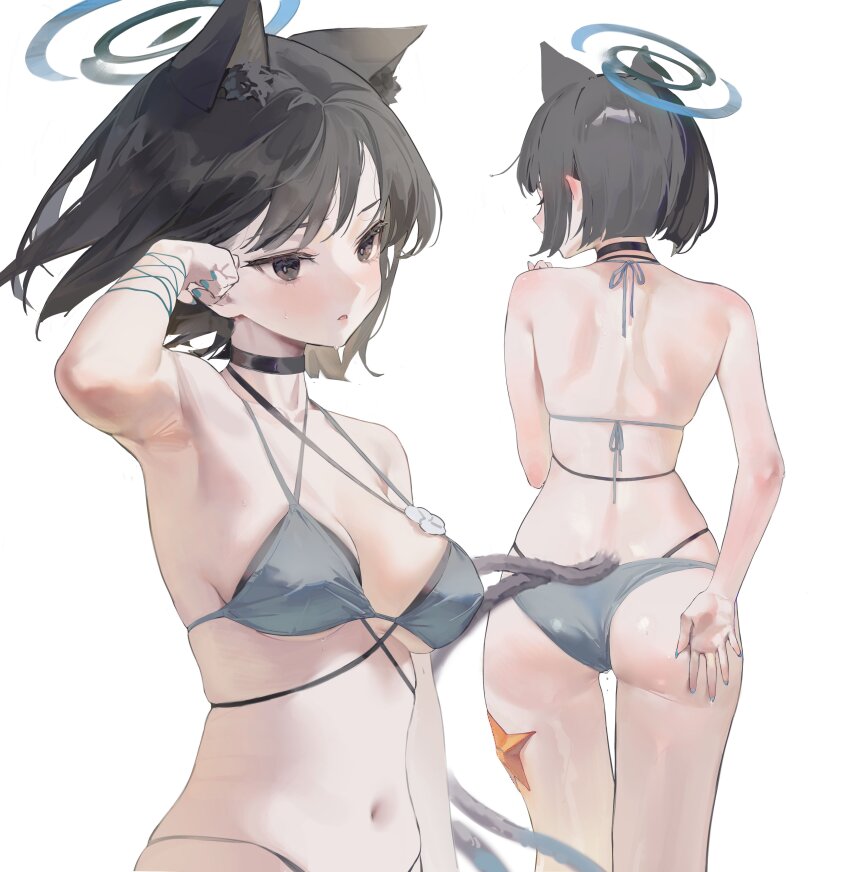 1girl absurdres animal_ear_fluff animal_ears armpits ass bare_arms bare_back bare_shoulders bikini black_choker black_eyes black_hair blue_archive blue_bikini blue_halo blue_nails blush breasts cat_ears cat_girl cat_tail choker dance_arm ear_blush extra_ears from_behind halo highres kikyou_(blue_archive) kikyou_(swimsuit)_(blue_archive) multiple_tails navel open_mouth solo starfish stomach swimsuit tail two_tails