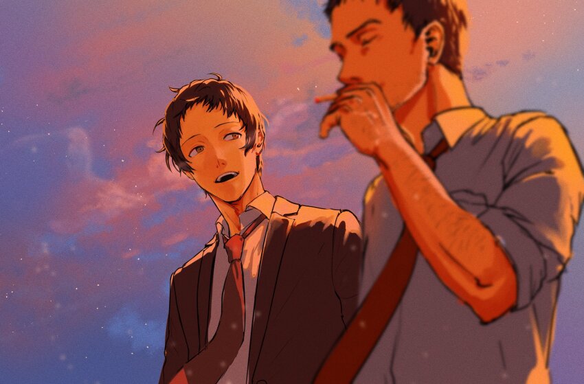2boys adachi_tooru arm_hair arm_up black_hair black_jacket brown_eyes cigarette closed_eyes doujima_ryoutarou grey_shirt highres holding holding_cigarette jacket light_particles looking_at_another male_focus morrisuit multiple_boys necktie parted_lips persona persona_4 red_necktie shirt short_hair sleeves_rolled_up smile smoking teeth upper_teeth_only white_shirt