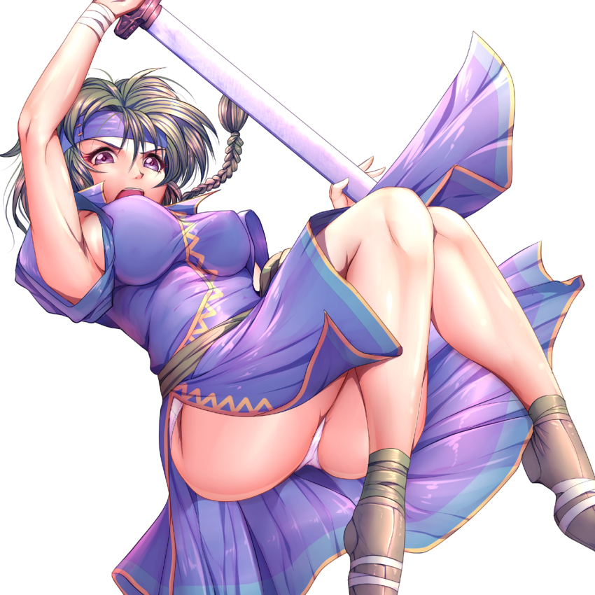 1girl blonde_hair braid breasts female_focus fire_emblem fire_emblem:_the_blazing_blade genderswap genderswap_(mtf) guy_(fire_emblem) harihisa headband nintendo panties purple_eyes short_hair solo sword underwear weapon