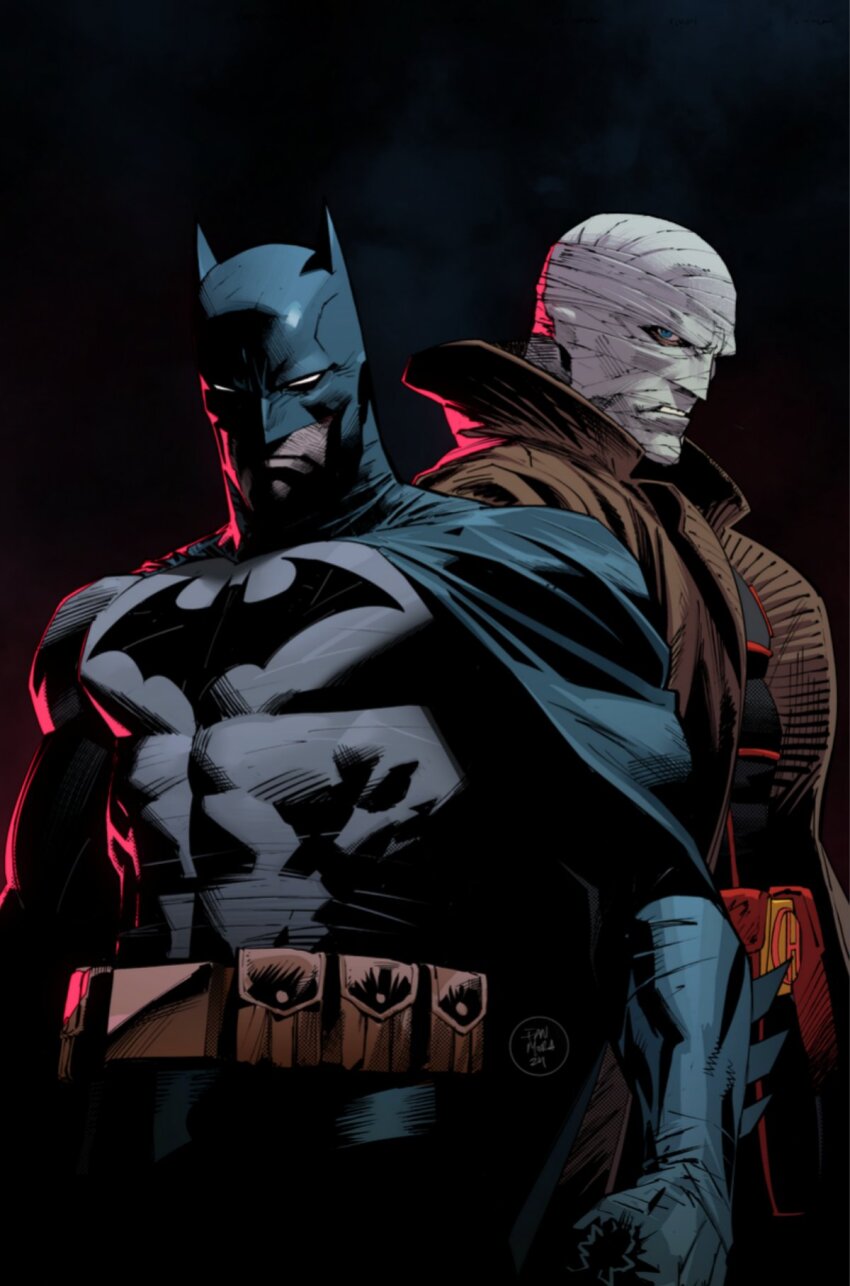 2boys bandaged_head bandages batman batman_(series) belt_pouch black_cape black_gloves blue_eyes bodysuit brown_coat cape coat dan_mora dc_comics gloves grey_bodysuit highres hush_(batman) looking_at_viewer multiple_boys open_clothes open_coat pouch