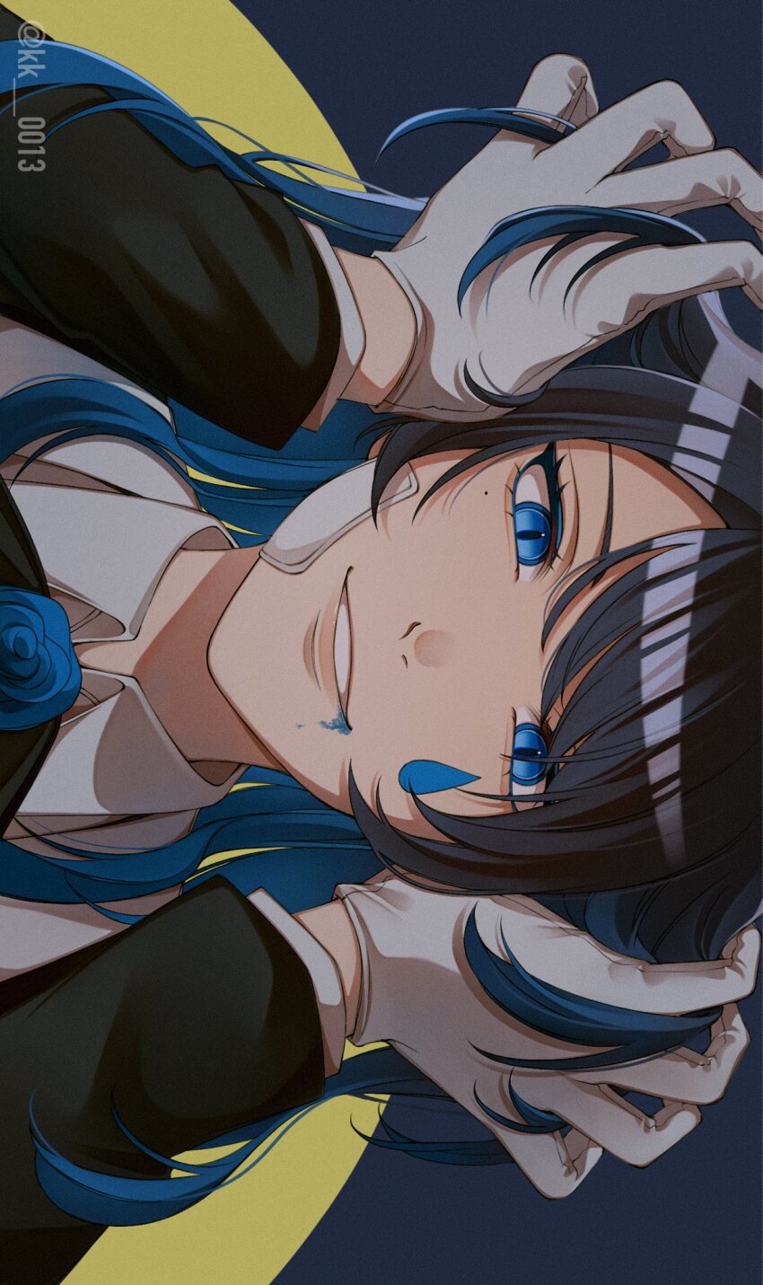 1girl ado_(utaite) bandaid bandaid_on_face black_coat blue_background blue_eyes blue_flower blue_hair blue_rose chando_(ado) chromatic_aberration coat collared_shirt colored_inner_hair commentary film_grain flower gloves hair_between_eyes hands_on_own_head highres keeko_(kk_0012) long_hair long_sleeves looking_at_viewer mole mole_under_eye multicolored_hair paint_on_clothes paint_splatter paint_splatter_on_face parted_lips portrait redrawn rose shadow shirt signature sitting_sideways solo teardrop_facial_mark two-tone_hair utaite variant_set villain_(vocaloid) white_gloves white_shirt