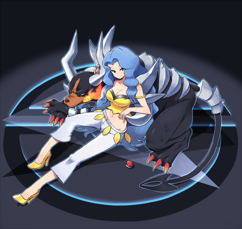 00s 1girl blue_eyes blue_hair breasts camisole claws cleavage collarbone crop_top elite_four fangs fire gen_2_pokemon groin high_heels highres horns houndoom karen_(pokemon) large_breasts long_hair mega_houndoom mega_pokemon midriff navel nintendo no_socks poke_ball pokemon pokemon_(creature) pokemon_hgss sharp_teeth shoes sitting smile spikes tail teeth tm_(hanamakisan) veins yellow_shoes