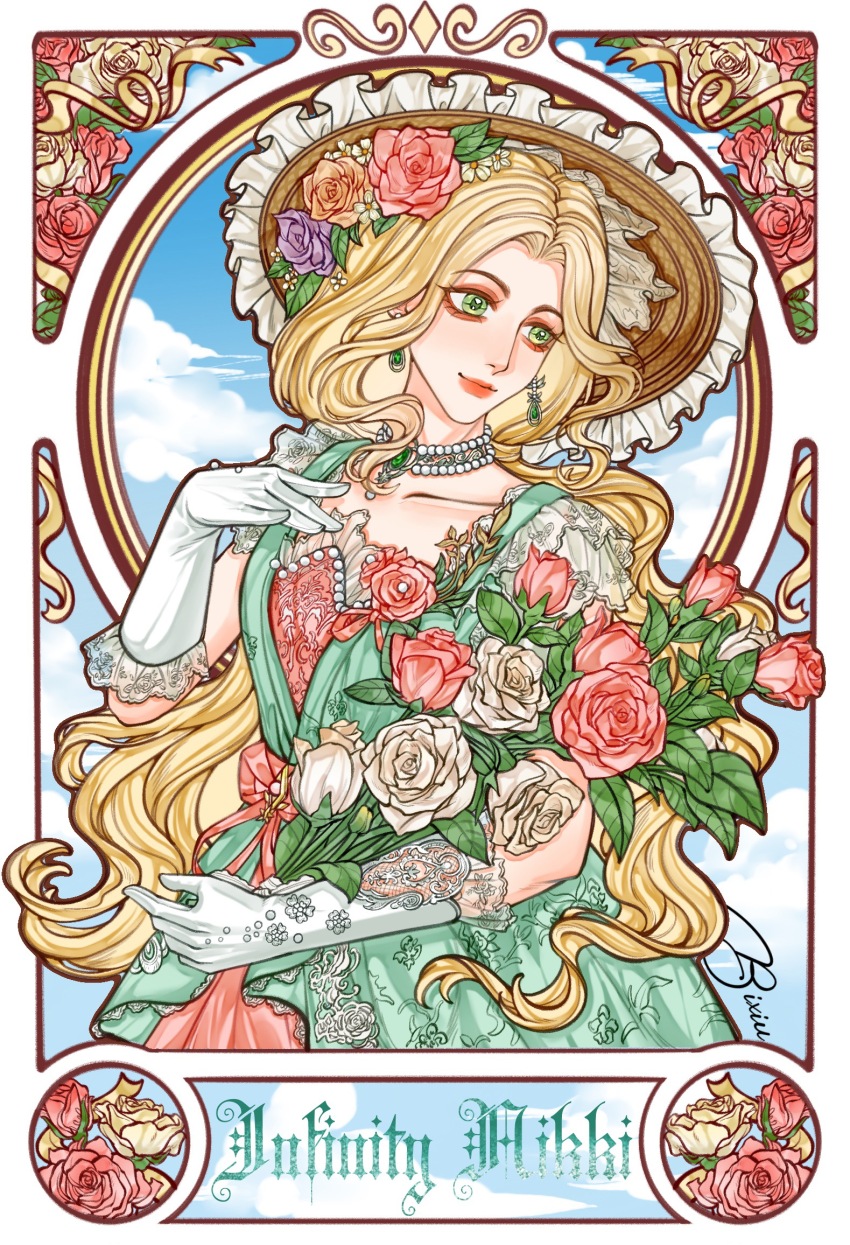 1girl art_nouveau bead_choker beads blue_sky border bouquet brown_hat card_(medium) closed_mouth cloud collarbone copyright_name cowboy_shot daisy dress earrings eyelashes eyeshadow floral_print flower frilled_gloves frilled_headwear frills gloves green_dress green_eyes hair_flower hair_ornament hand_on_own_chest happy hat highres holding holding_bouquet infinity_nikki jewelry layered_dress leaf lipstick long_dress makeup nikki_(series) orange_flower orange_rose pink_dress pink_eyeshadow pink_ribbon pleated_dress purple_flower purple_rose red_lips ribbon rose short_sleeves signature sky smile solo straw_hat verdant_melodies_(infinity_nikki) white_border white_flower white_gloves white_rose white_sleeves yeziyu564