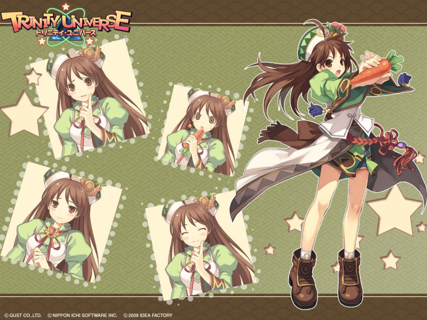 00s 1girl 2009 atelier_(series) atelier_viorate blush brown_eyes brown_hair carrot closed_eyes female_focus green_background green_skirt hat long_hair multiple_persona nippon_ichi official_art official_wallpaper skirt trinity_universe tsunako viorate_platane