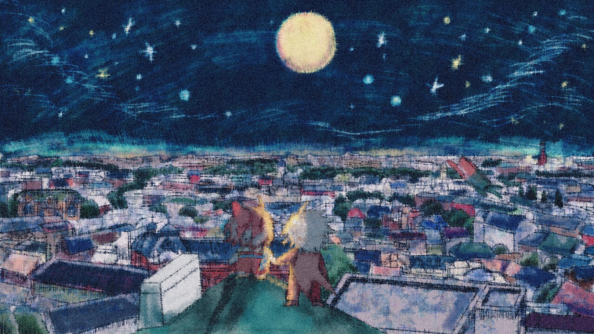 1boy 1girl ayazuki_mei black_footwear bow brown_hair charlie_(meiji_tokyo_renka) chibi city commentary_request formal_clothes from_behind full_body full_moon hair_bow hakama hakama_pants holding_hands jacket japanese_clothes kimono lighthouse long_sleeves meiji_tokyo_renka messy_hair moon night night_sky outdoors pants red_bow red_hakama red_jacket red_pants red_sleeves red_suit sandals shoes short_hair short_kimono sky socks star_(sky) starry_sky sugi_haeru suit white_hair white_socks wide_sleeves yellow_kimono yellow_sandals yellow_sleeves