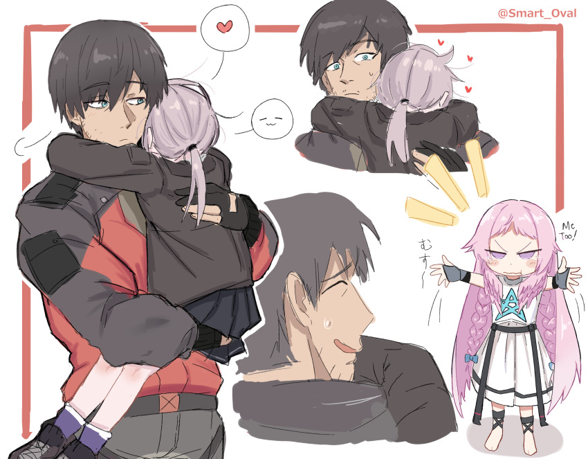 1boy 2girls aqua_eyes artist_name barefoot black_gloves black_hair black_jacket black_pants black_skirt blue_bow bow braid brown_jacket closed_eyes closed_mouth commander_(girls&#039;_frontline) dress english_text envy fingerless_gloves girls&#039;_frontline girls&#039;_frontline_2:_exilium gloves grey_gloves grey_hair hair_bow heart helena_(girls&#039;_frontline_2) highres hug jacket long_hair looking_at_another m200_(girls&#039;_frontline) multicolored_jacket multiple_girls multiple_views open_mouth pants partially_fingerless_gloves pink_hair pleated_skirt purple_eyes purple_socks red_jacket short_hair simple_background skirt smart_oval socks speech_bubble spoken_expression spoken_heart star_(symbol) sweatdrop twin_braids twitter_username two-tone_jacket white_background white_dress wing-shaped_hair