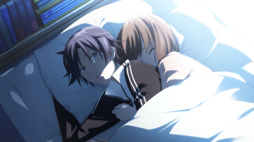 &gt;_&lt; 1boy 1girl black_jacket blanket blue_hair book chaos;child chaos;child_love_chu_chu!! clenched_teeth closed_eyes fingernails game_cg head_on_pillow highres hug hug_from_behind jacket library lightning lying messy_hair miyashiro_takuru non-web_source official_art on_bed open_mouth pajamas pillow pink_pajamas purple_eyes sasaki_mutsumi scared shared_bed shiny_skin short_hair sleeping_together swept_bangs tachibana_yui teeth thunder tongue track_jacket under_covers