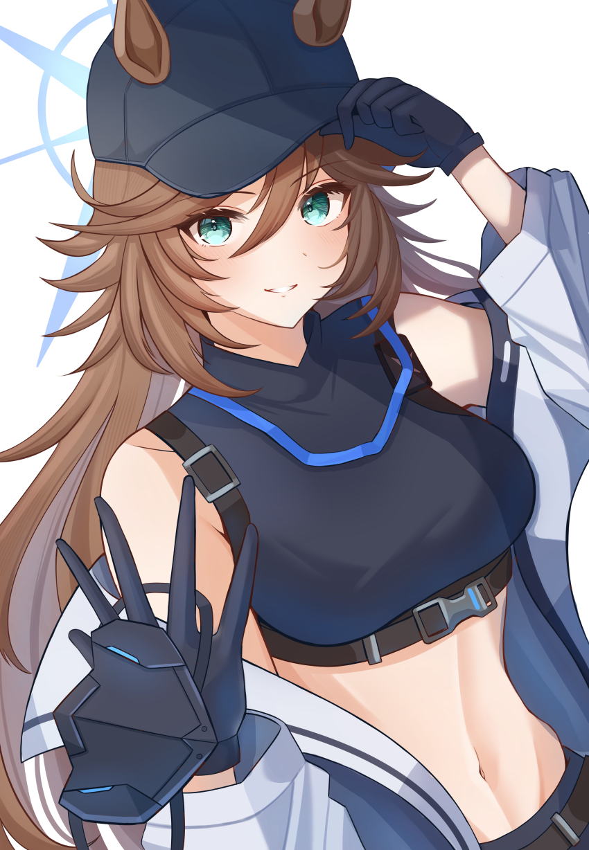 1girl absurdres animal_ears aqua_eyes bare_shoulders baseball_cap black_gloves black_hat black_shirt blue_archive brown_hair coat commentary_request cosplay crop_top ears_through_headwear gloves grin hanma_amnah hat highres horse_ears long_hair long_sleeves looking_at_viewer midriff mr._c.b._(umamusume) navel off_shoulder open_clothes open_coat saori_(blue_archive) saori_(blue_archive)_(cosplay) shirt simple_background sleeveless sleeveless_shirt smile solo stomach umamusume upper_body very_long_hair white_background white_coat
