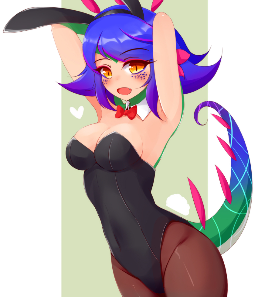 1girl alternate_costume animal_ear_hairband animal_ears arms_behind_head ayatori_(aytr) black_hairband black_leotard black_pantyhose blue_hair blush bow bowtie breasts cleavage collar commentary commentary_request covered_navel detached_collar english_commentary fake_animal_ears gradient_hair hairband highres league_of_legends leotard lizard_tail looking_at_viewer medium_breasts mixed-language_commentary multicolored_hair neeko_(league_of_legends) open_mouth orange_eyes pantyhose playboy_bunny purple_hair rabbit_ears red_bow red_bowtie solo strapless strapless_leotard tail traditional_bowtie white_collar