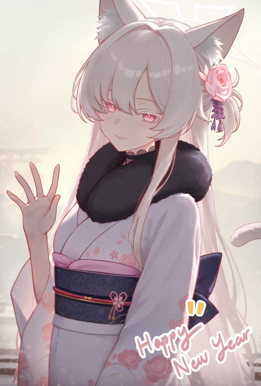 1girl akira_(blue_archive) animal_ear_fluff animal_ears black_choker blue_archive cat_ears cat_girl cat_tail choker floral_print flower fur_trim hair_between_eyes hair_flower hair_ornament highres japanese_clothes kimono long_hair looking_at_viewer mellow_(srpp4843) pink_eyes pink_flower purple_sash sash sash_bow sidelocks smile tail waving_hands white_hair white_kimono