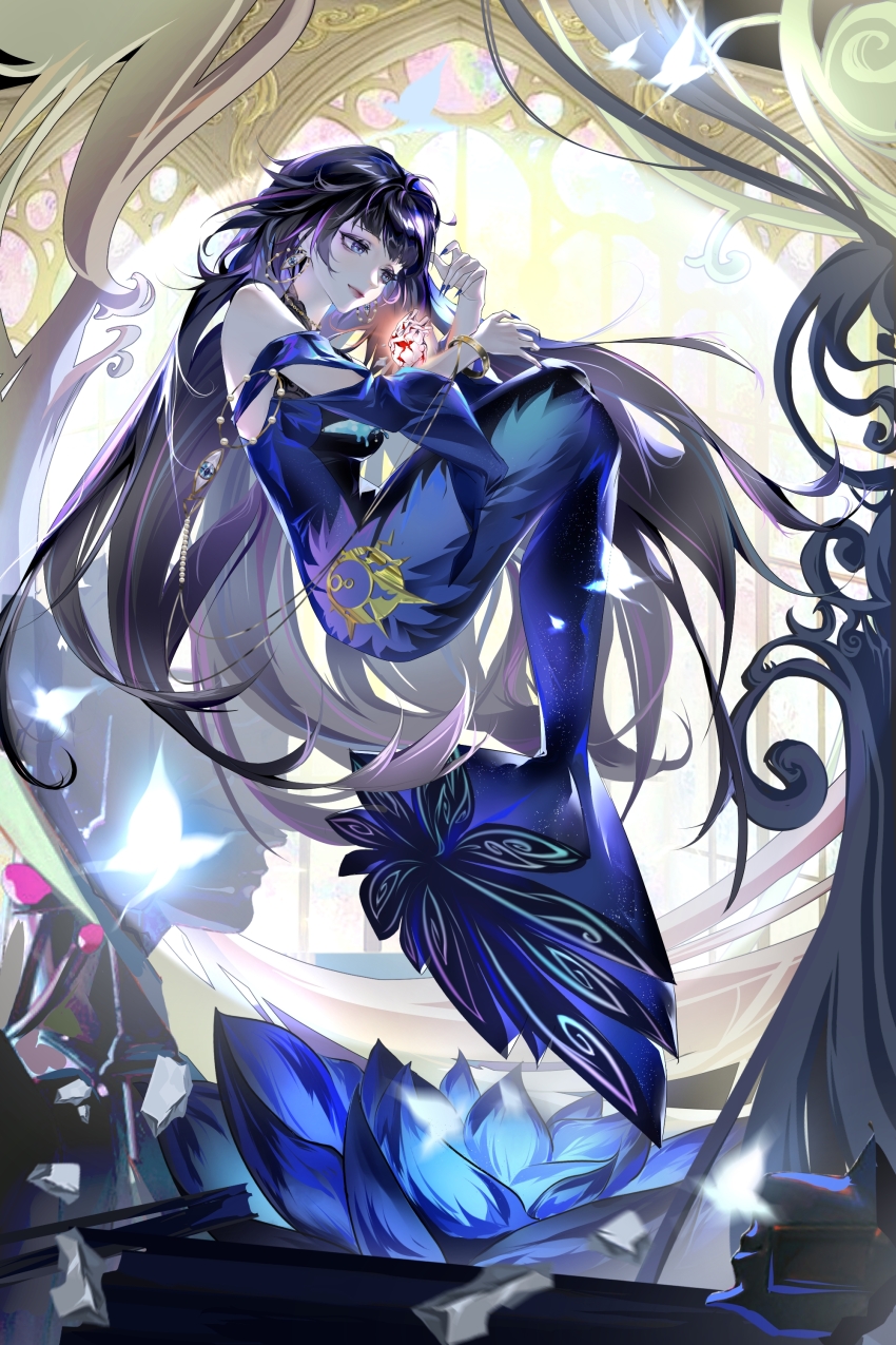 1girl absurdres bare_shoulders black_hair blue_dress blue_eyes blue_flower blue_nails bracelet breasts chinese_commentary commentary curled_up dress earrings enfer_(path_to_nowhere) eyeball_earrings fingernails floating floating_rock flower full_body gold_bracelet gown heart_(organ) highres hobble_dress hoop_earrings jewelry light_smile long_dress long_hair looking_at_object looking_down medium_breasts midair multicolored_hair nail_polish pale_skin path_to_nowhere sculpture sharp_fingernails solo stained_glass streaked_hair very_long_hair wangmumumu