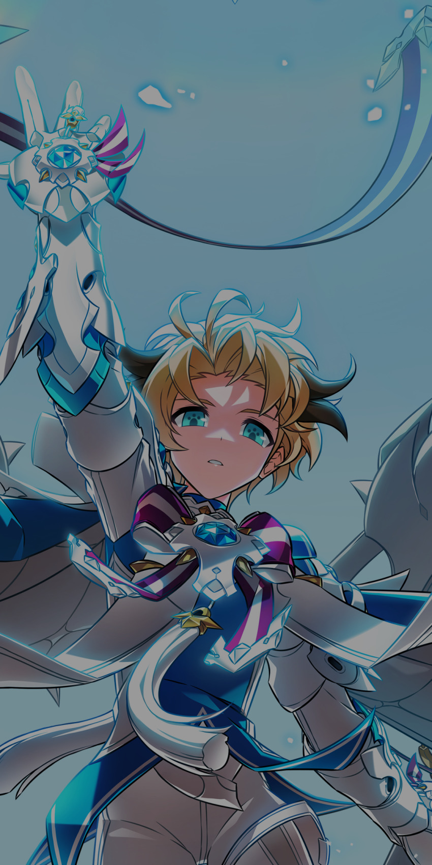 1boy aqua_eyes arm_up armor blonde_hair blue_background blue_cape bow bowtie brown_hair cape capelet chung_seiker cowboy_shot dot_nose elsword expressionless floating_hair forehead full_armor hair_ears highres hwansang light_particles looking_at_viewer male_focus multicolored_hair official_art parted_lips purple_bow purple_bowtie second-party_source short_hair simple_background single_stripe solo standing streaked_hair striped_bow striped_bowtie striped_clothes teeth two-sided_cape two-sided_fabric two-tone_hair white_capelet