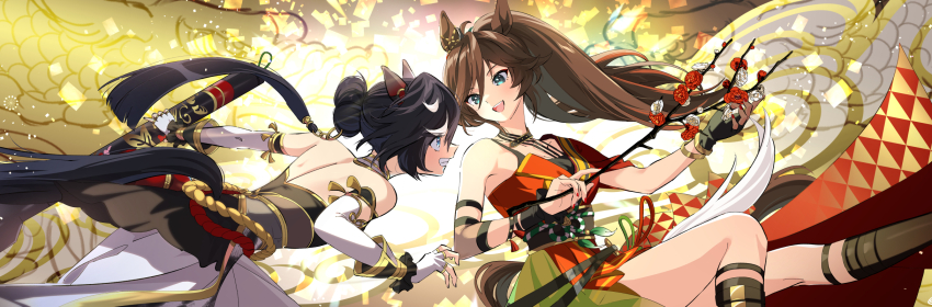 2girls animal_ears back bare_shoulders belt black_hair black_shirt blue_eyes branch breasts brown_hair clenched_teeth clothing_cutout detached_sleeves dress ear_covers elbow_gloves feet_out_of_frame fingerless_gloves from_side giant_brush gloves green_eyes hair_extensions highres holding holding_branch holding_brush horse_ears horse_girl horse_tail katsuragi_ace_(umamusume) long_hair looking_to_the_side mr._c.b._(umamusume) multicolored_hair multiple_girls open_mouth ponytail profile red_dress red_nails ring_hair_extensions sash shirt single_bare_shoulder single_glove single_sleeve skirt small_breasts smile strapless strapless_shirt streaked_hair tail tail_through_clothes taromarun teeth umamusume white_gloves white_skirt