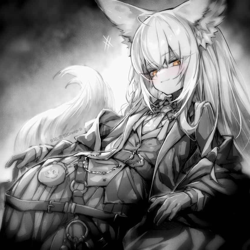 +++ 1girl animal_ears arknights artist_name belt bilibili_username blush chinese_commentary commentary fox_ears fox_girl fox_tail highres jacket kupa_(jesterwii) long_hair looking_at_viewer lying necktie off_shoulder orange_eyes petite sidelocks smile solo spot_color sweatdrop tail vest vulpisfoglia_(arknights) waistcoat