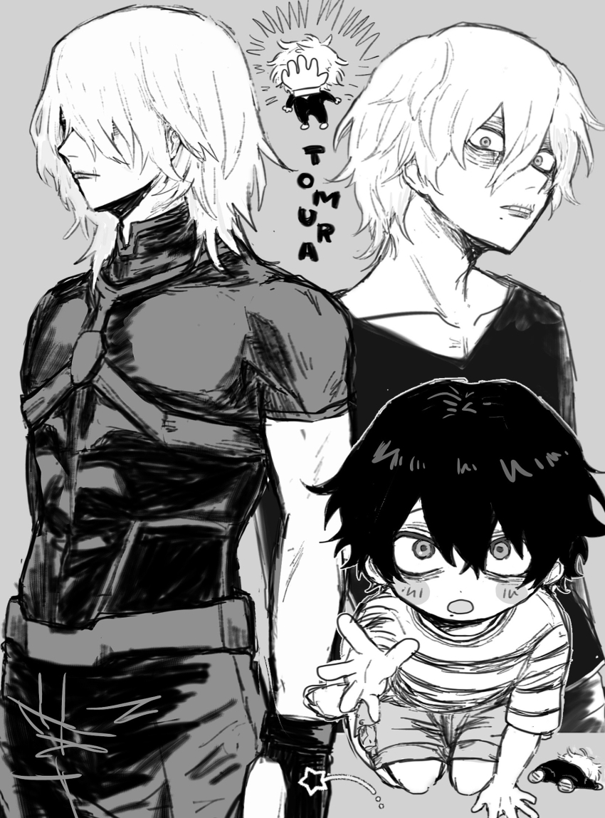 1boy age_comparison ametaro_(ixxxzu) boku_no_hero_academia character_name chibi chibi_inset child gloves greyscale highres male_focus monochrome prosthetic_fingers shigaraki_tomura shirt striped_clothes striped_shirt