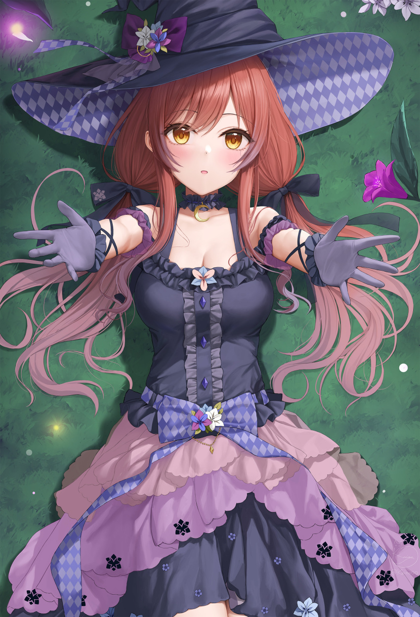 1girl :o absurdres black_dress black_hat blush breasts brown_hair carry_me center_frills choker cleavage commentary_request dakimakura_(medium) dress frilled_choker frills gloves grass grey_gloves hair_spread_out hat highres idolmaster idolmaster_shiny_colors keine09 long_hair looking_at_viewer lying medium_breasts on_back on_ground osaki_amana outdoors solo twintails very_long_hair witch_hat yellow_eyes