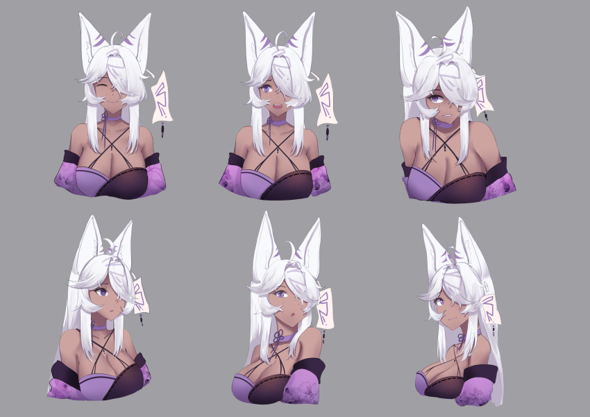 1girl :o @_@ ^_^ absurdres ahoge animal_ears bra breasts choker cleavage closed_eyes closed_mouth commission confused cross-laced_bra earrings floral_print fox_ears grey_background hair_over_one_eye highres inari_(mofumancer) jewelry kakuma long_bangs long_hair multicolored_bra multicolored_hair multiple_expressions non-web_source ofuda ofuda_earrings original purple_choker purple_eyes purple_streaks simple_background smile solo streaked_hair underwear white_hair